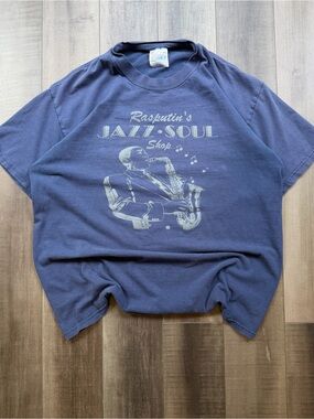 Hanes Beefy Rasputin's Jazz Soul Shop Graphic Shirt Navy Blue Men’s Large VTG